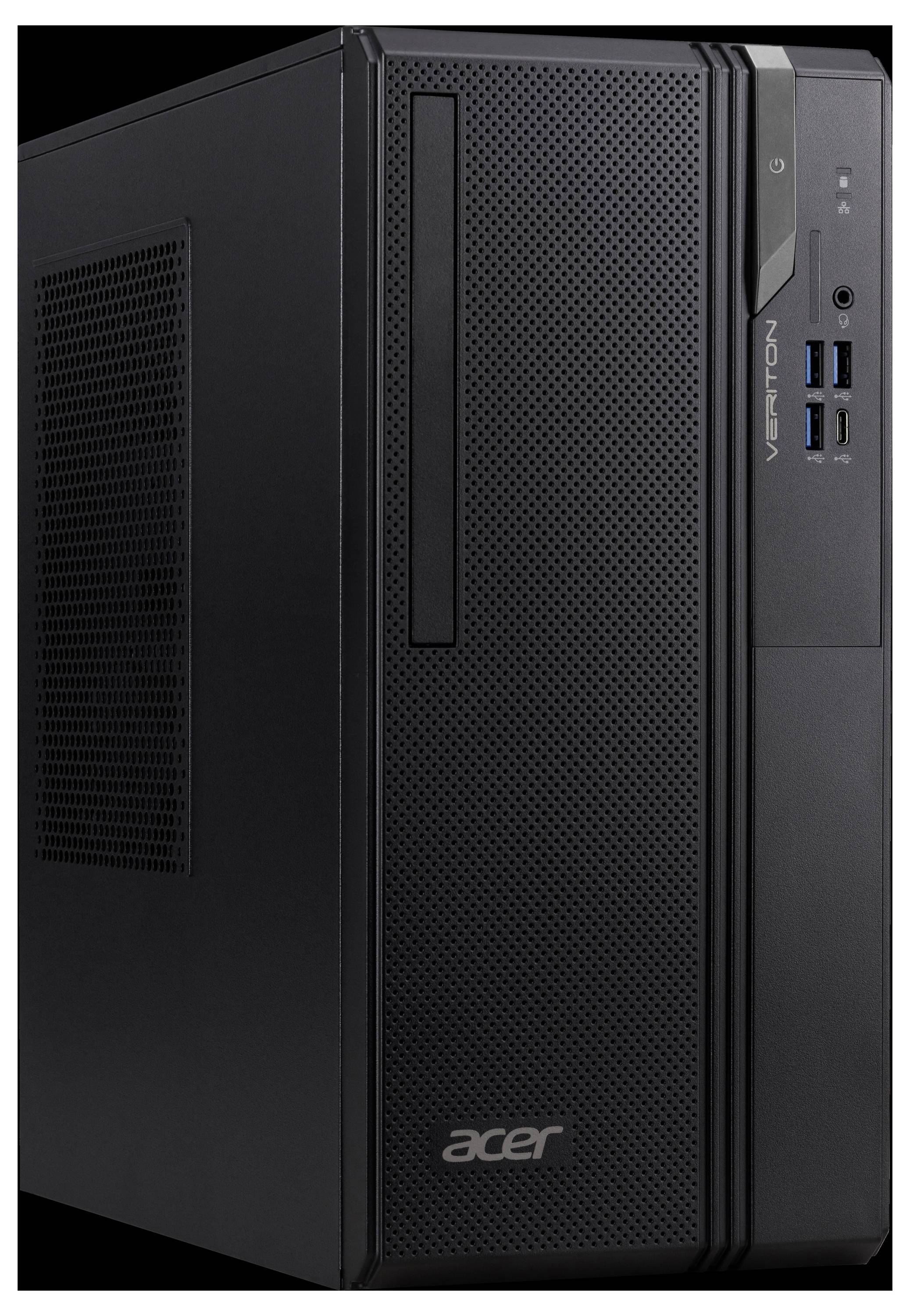Een zwarte Acer Veriton desktopcomputertoren met een getextureerd frontpaneel met USB-poorten, een aan-uitknop en een smalle verticale schijflade.