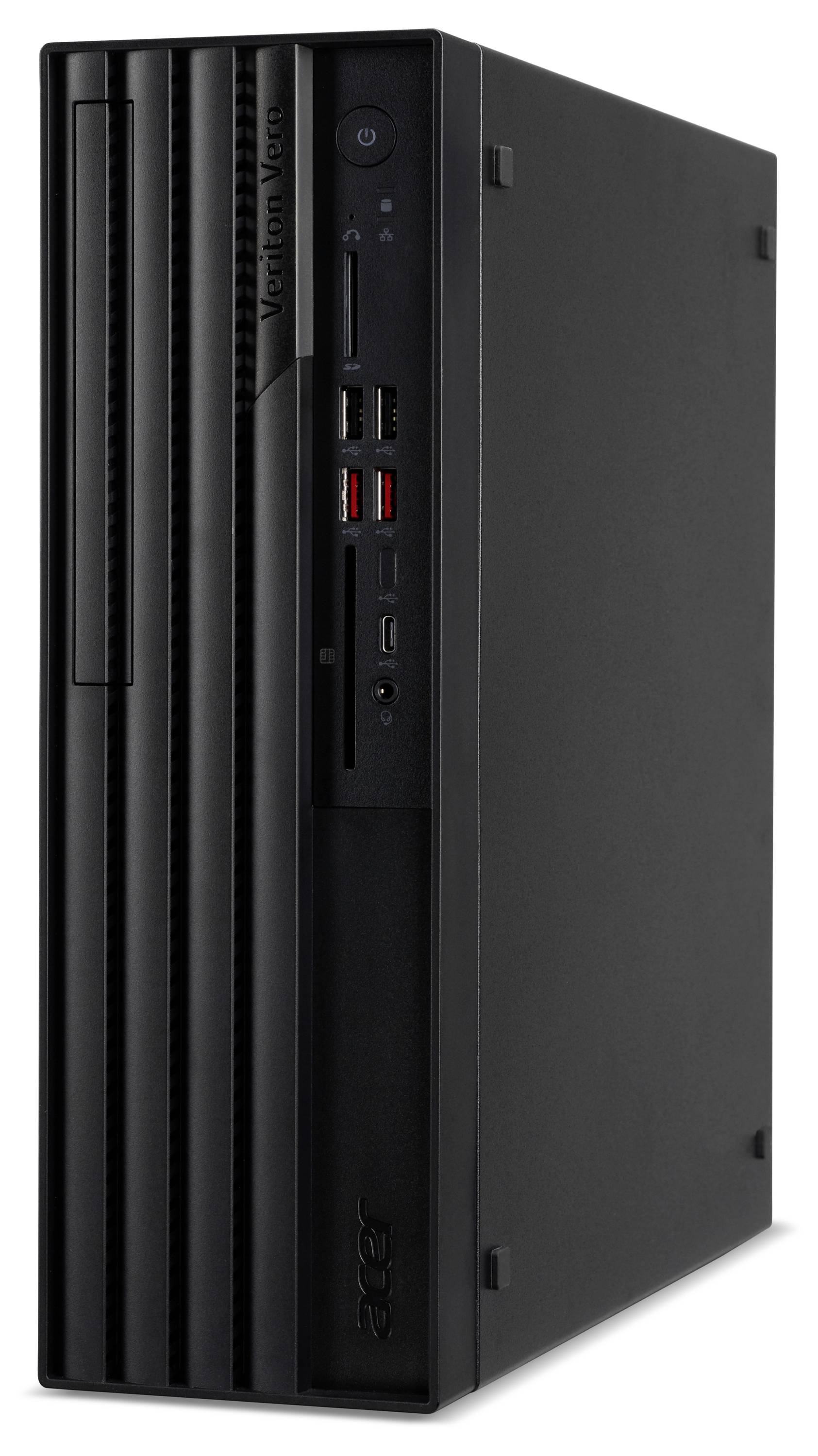 Een zwarte desktop computertoren met verschillende poorten en een aan-uitknop op het frontpaneel.