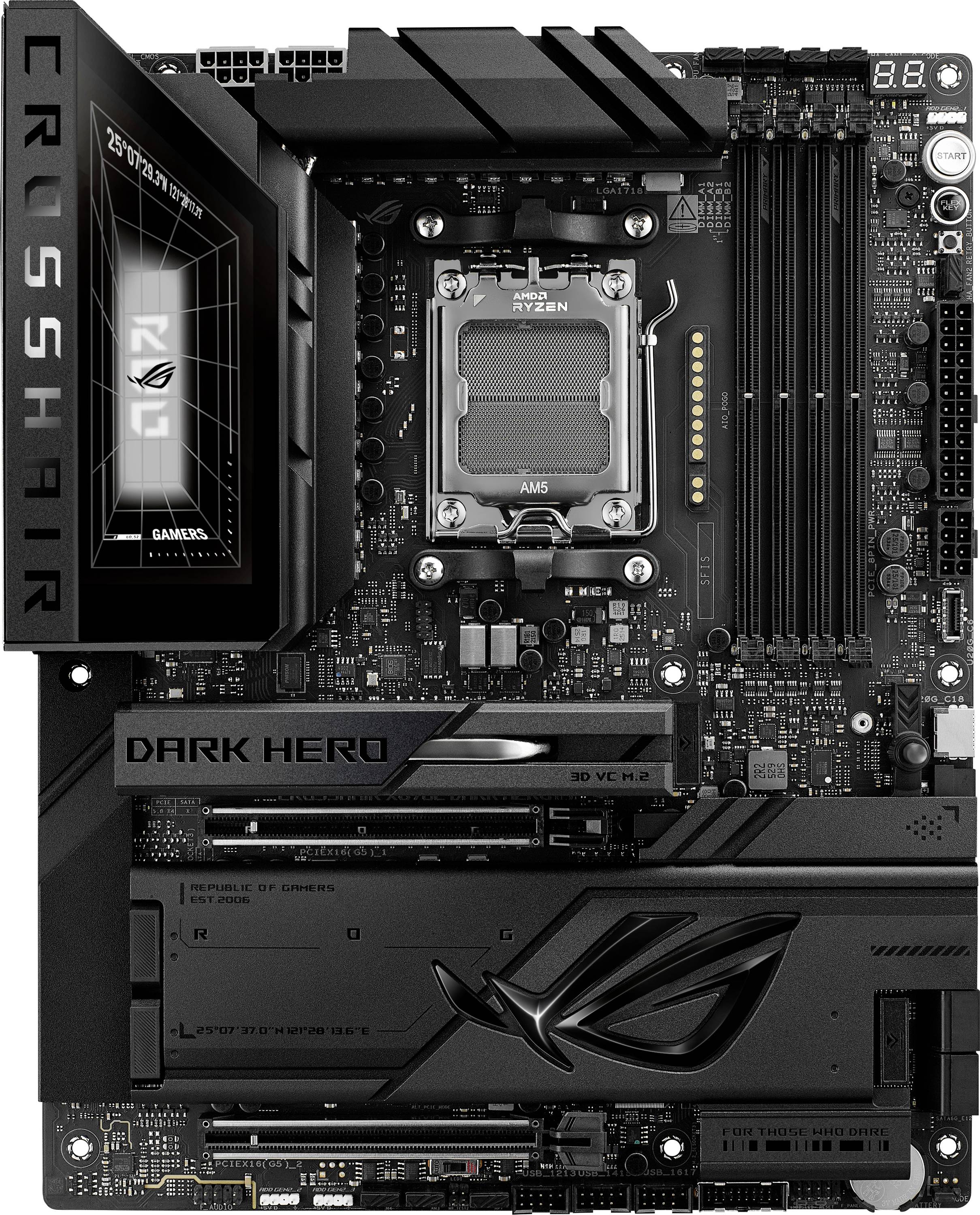 Een zwart ASUS ROG Crosshair VIII Dark Hero moederbord, voorzien van AMD Ryzen-socket, meerdere RAM-slots en prominente 'ROG'-branding.