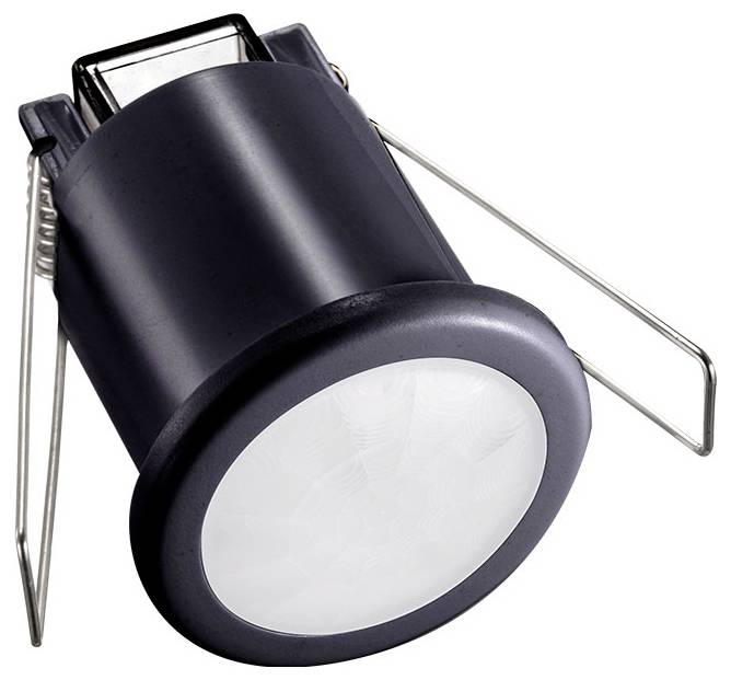 Een zwart ingebouwde plafondlamp met een witte lens, voorzien van metalen clips aan de zijkanten voor veilige installatie.