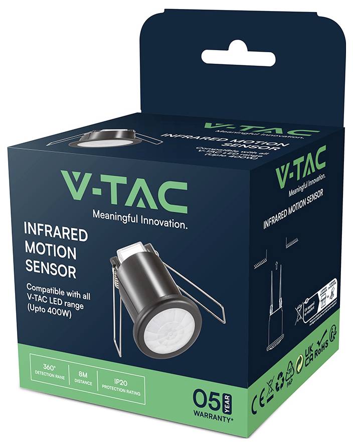 De afbeelding toont een V-TAC infrarood bewegingssensor pakket. Het benadrukt kenmerken zoals compatibiliteit met V-TAC LED's tot 400W, 360° detectie en een bereik van 8 meter.