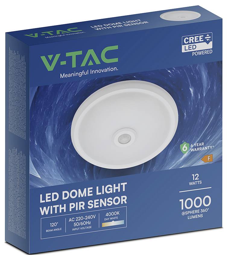 Verpakking van V-TAC LED Koepellamp met PIR-sensor; functies 120° bundel hoek, 1000 lumen, 12 watt, 4000K, en 6-jarige garantie.