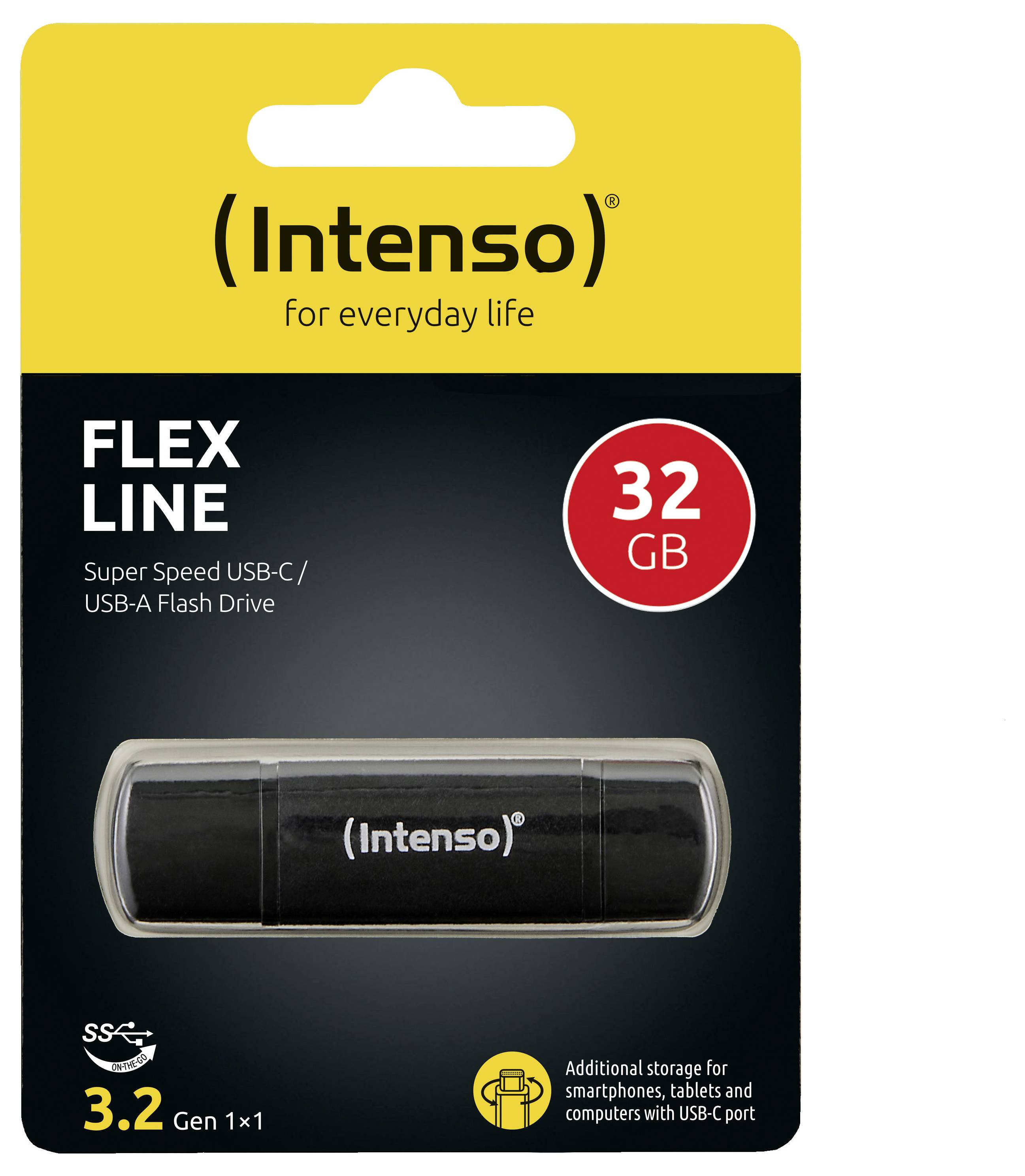 'Intenso Flex Line' USB-stick verpakking met 32 GB capaciteit, USB-C/USB-A compatibiliteit, extra opslagruimte voor apparaten.