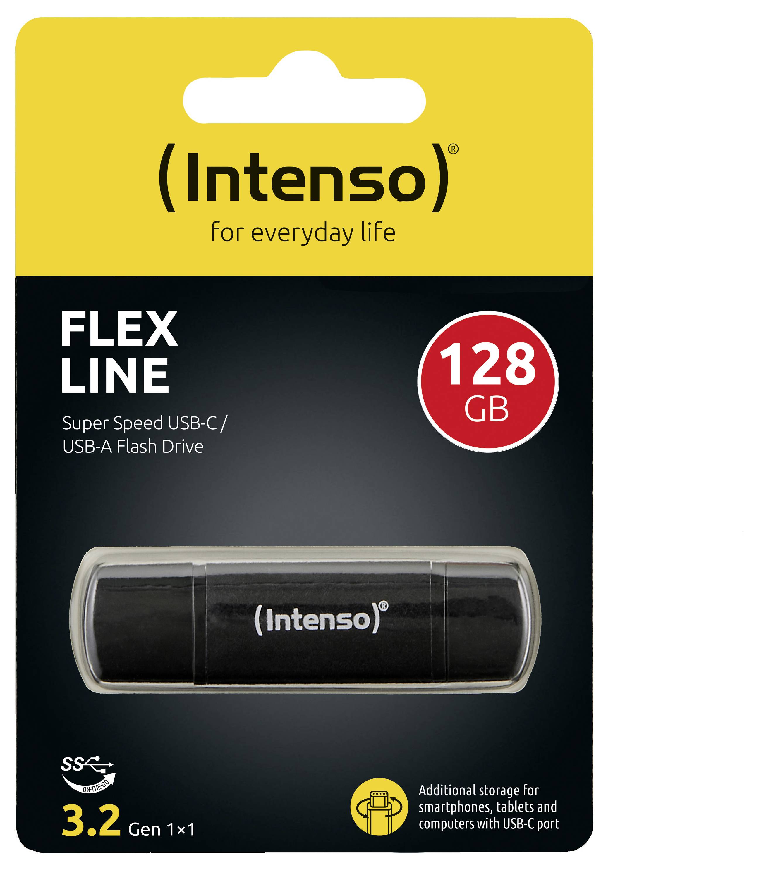 'Intenso Flex Line 128GB USB-C/USB-A Flitsschijf' verpakking, met nadruk op hoge snelheid en compatibiliteit met apparaten met USB-C-poorten.