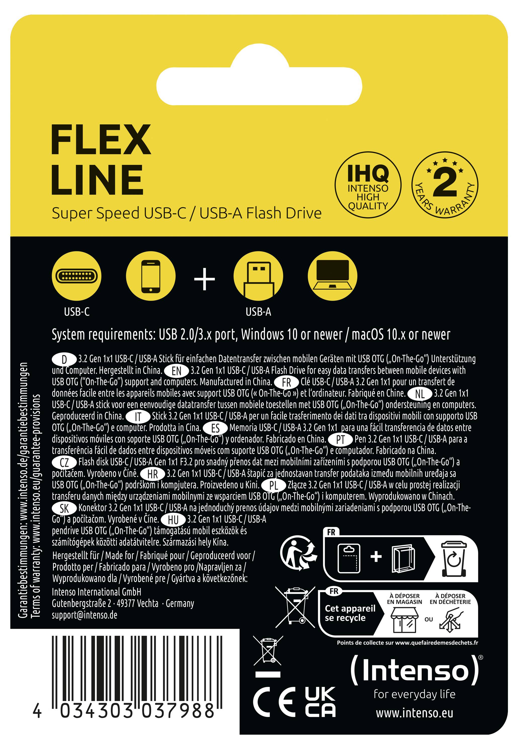 'Flex Line' USB-C/USB-A flashdrive verpakking. Benadrukt supersonische snelheid, 2 jaar garantie. Systeemvereisten omvatten USB 2.0/3.x, Windows 10 of nieuwer, macOS 10.x of nieuwer.