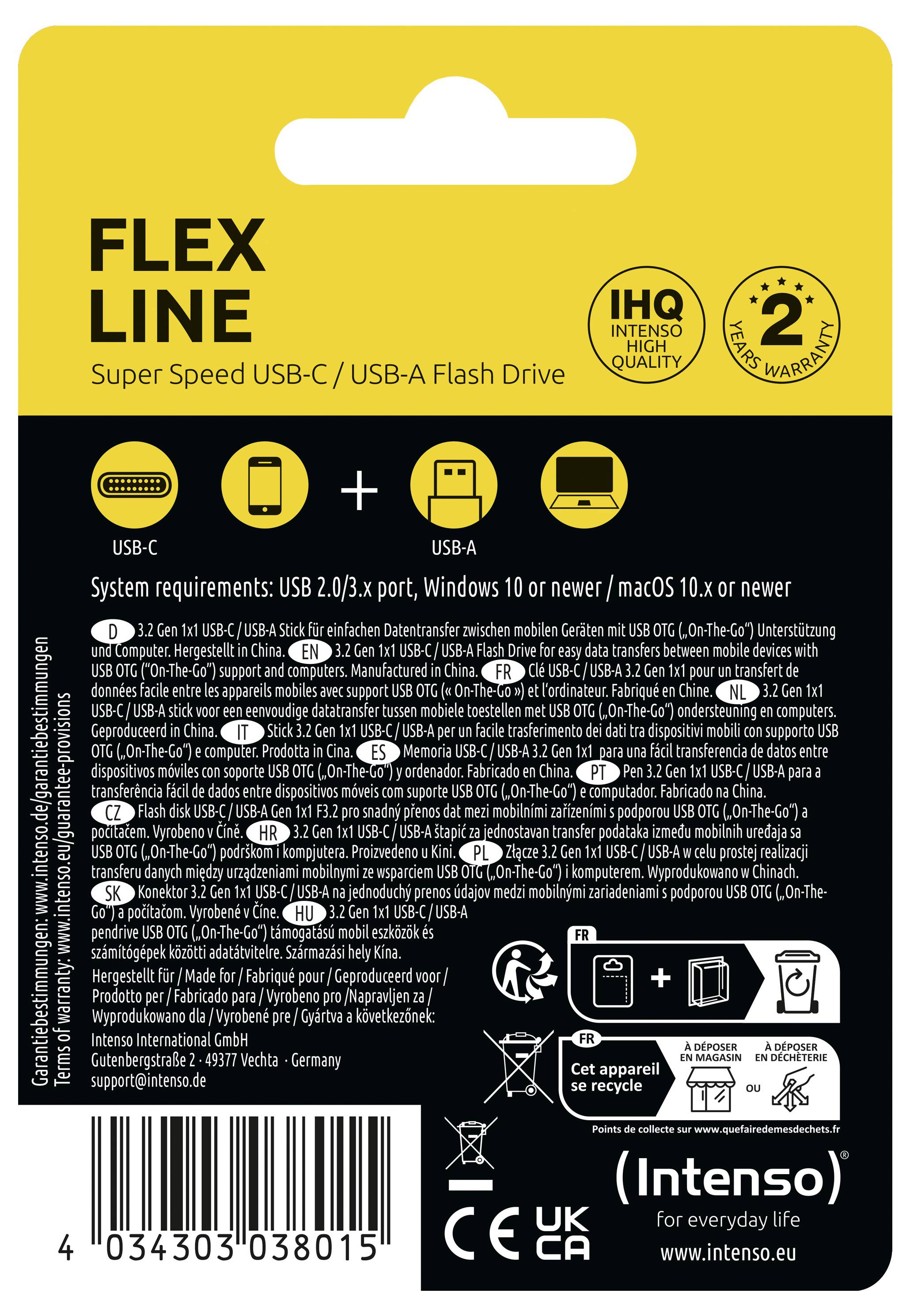 'FLEX LINE Super Speed USB-C / USB-A Flash Drive, 2 jaar garantie. Systeemvereisten: USB 2.0/3.x poort, Windows 10 of nieuwer, macOS 10.x of nieuwer.'