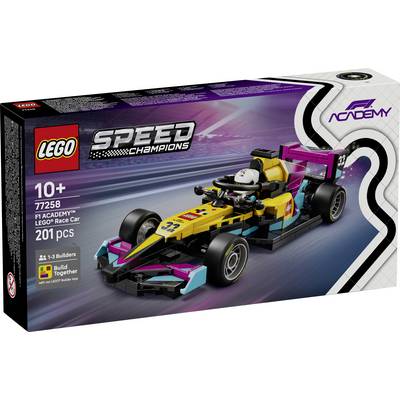 'LEGO Speed Champions' set met FI Academy raceauto, modelnummer 77258, met een kleurrijk ontwerp en 201 stukken. Geschikt voor leeftijden 10+.