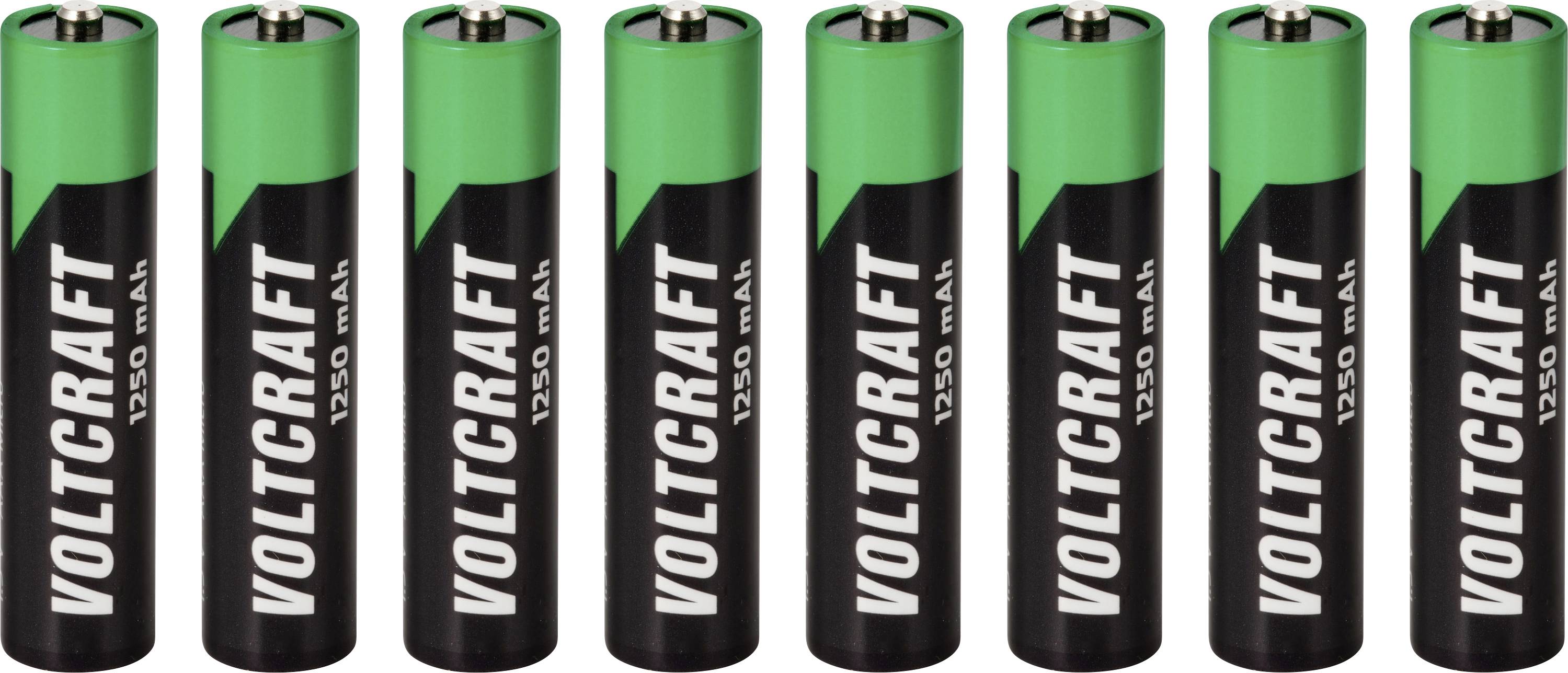 Acht groene en zwarte Ultracell AA-batterijen rechtopgesteld in een rij op een witte achtergrond.