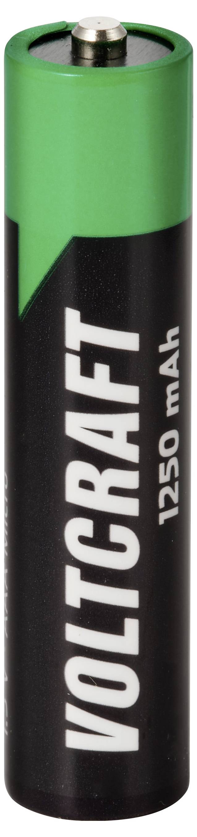 Groen en zwarte Voltcraft 1250 mAh batterij, rechtop afgebeeld met de merknaam op het label.