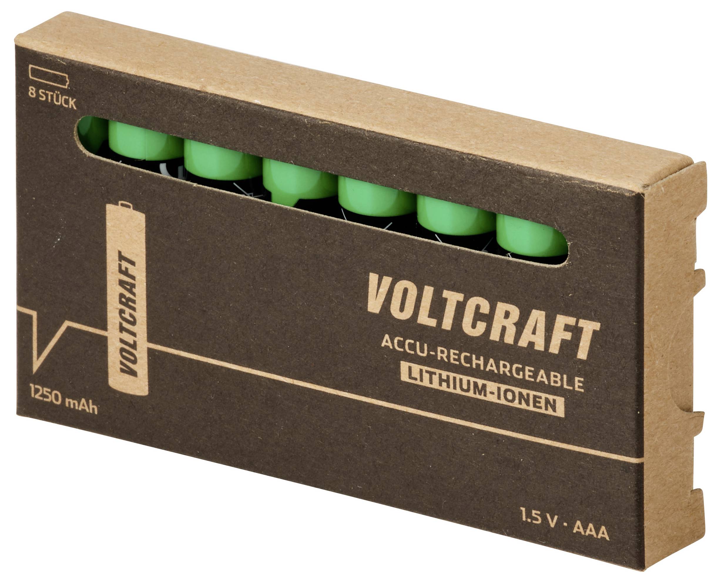 Verpakking van acht Voltcraft oplaadbare lithium-ion AAA-batterijen in een kartonnen doos, gelabeld 1,5V en 1250 mAh.
