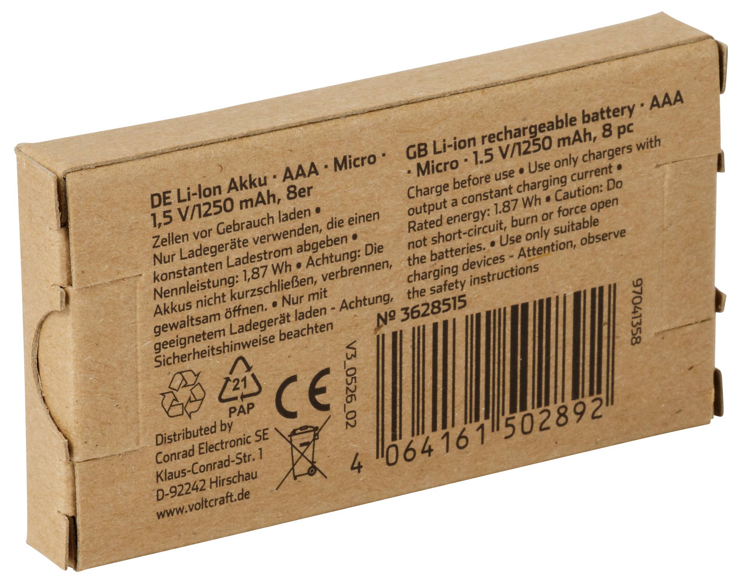 Bruine kartonnen doos met oplaadbare AAA-batterijen met het label 'GB Li-ion oplaadbare batterij' met barcode en veiligheidstekst.
