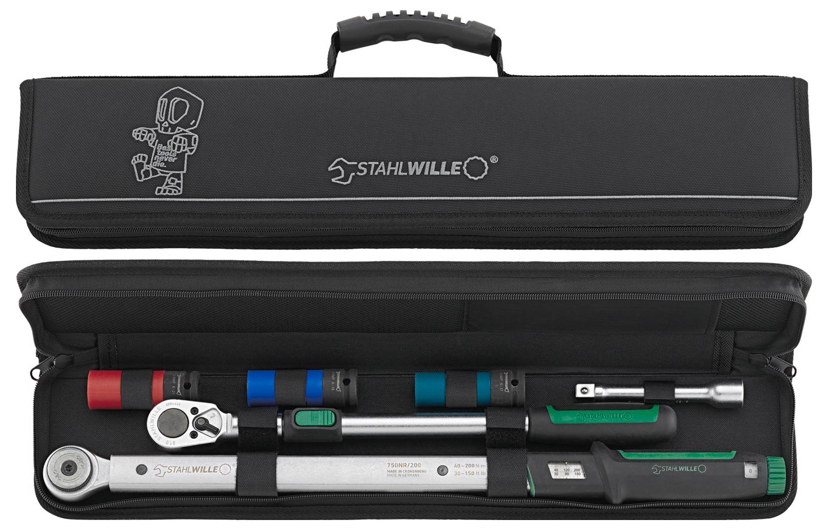 'Stahlwille' momentsleutelset met ratel-handvat, verlengarm en calibratiebevestigingen in een zwarte draagtas met handgreep.