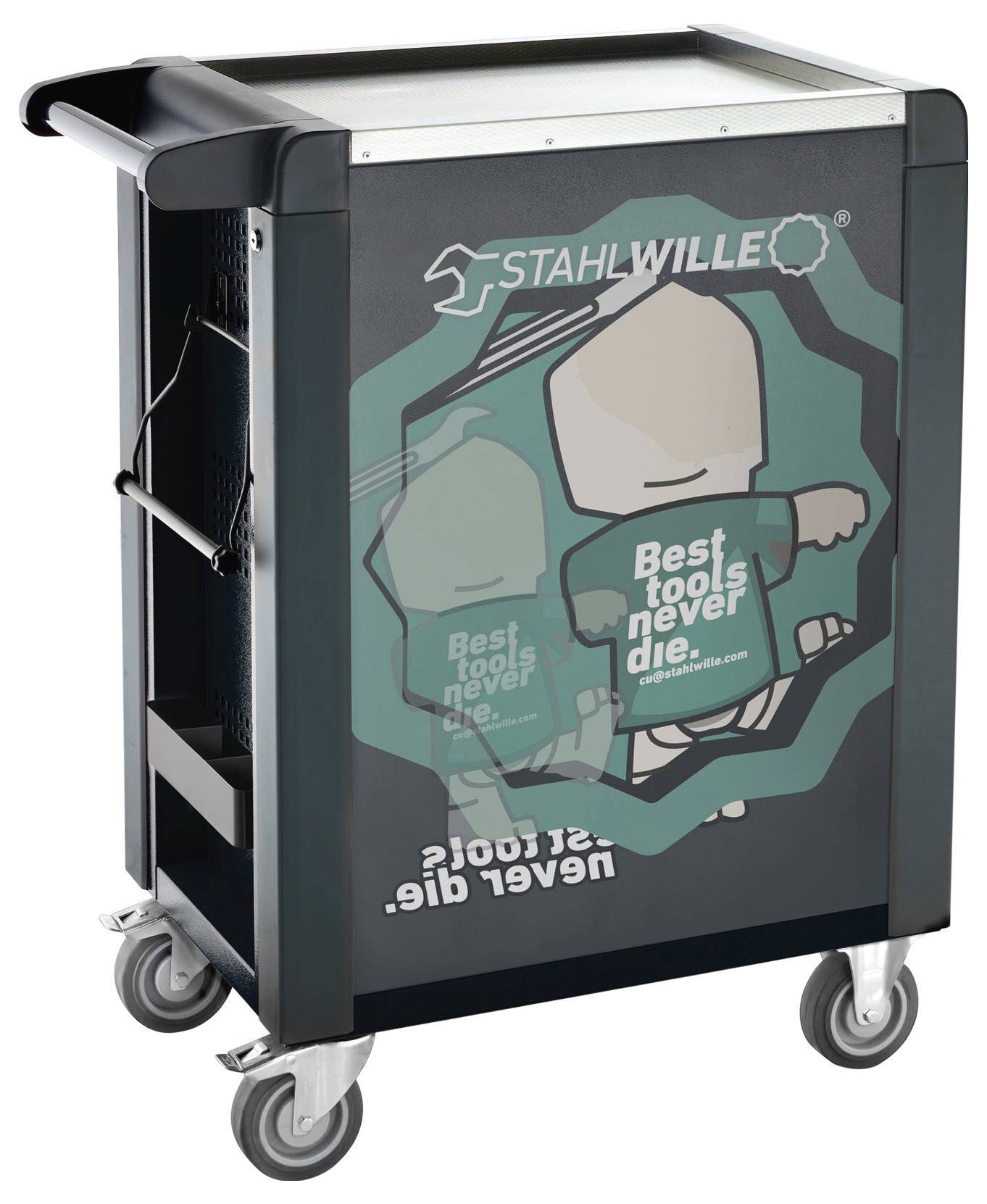 Gereedschapswagen met 'Best tools never die.' tekst en cartoonillustratie. Stevige constructie, wielen voor gemakkelijke mobiliteit, gemerkt met Stahlwille-logo.