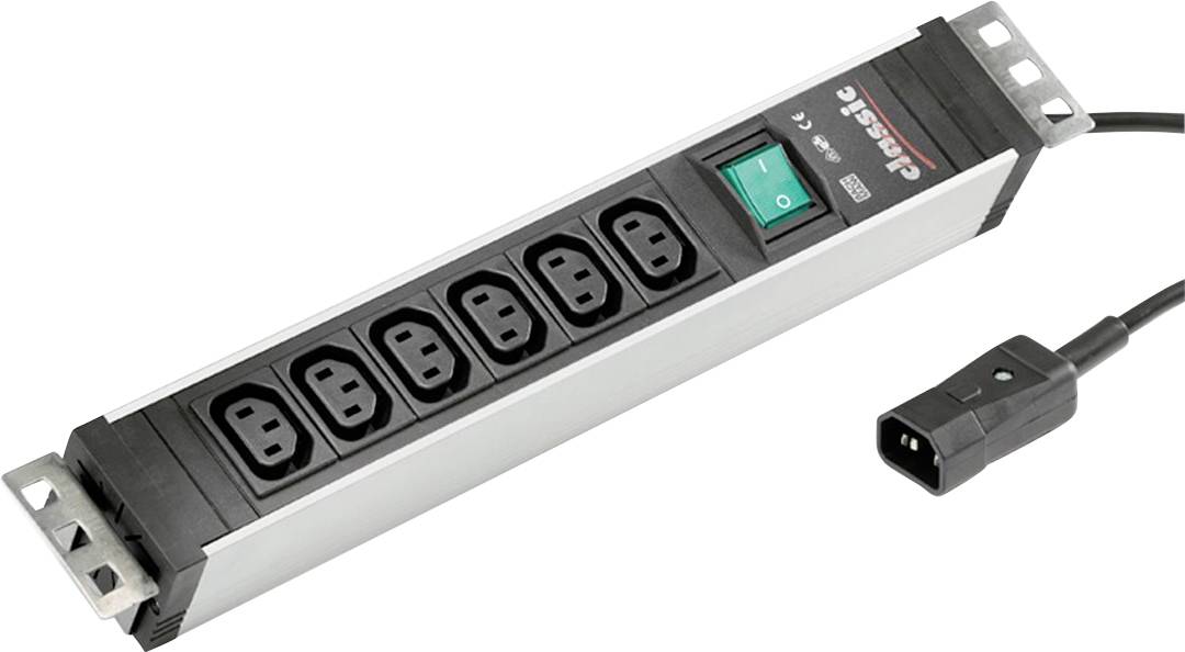 Een metalen stekkerdoos met zes stopcontacten, een aan/uit-schakelaar en een netsnoer met een driepolige stekker, ontworpen voor elektrische verbindingen.