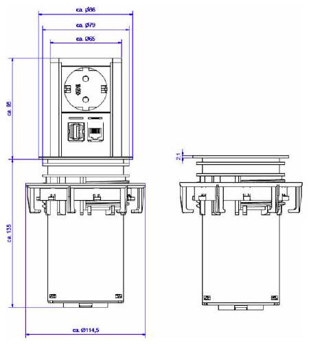 Technische tekening van een elektrische stekkerdoos, weergegeven in voor- en zijanzicht met afmetingen. Inclusief een stopcontact en netwerkpoorten.