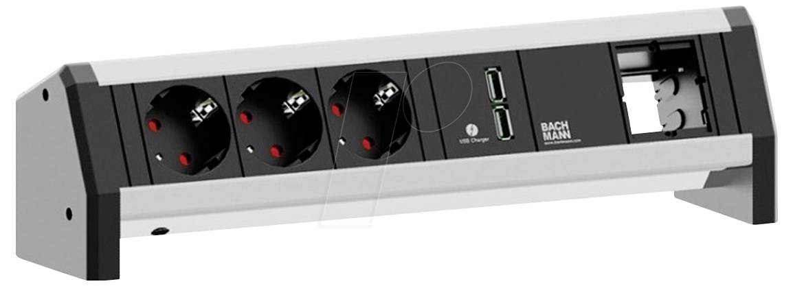 Stekkerdoos met drie Europese stopcontacten, twee USB-poorten en één lege sleuf, afgebeeld in een gestroomlijnd zwart en zilver design.