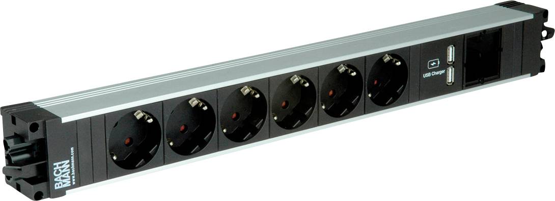 'Een zilveren stekkerdoos met zes Europese stopcontacten en een aan/uitschakelaar, gebruikt voor het verdelen van elektriciteit naar meerdere apparaten.'