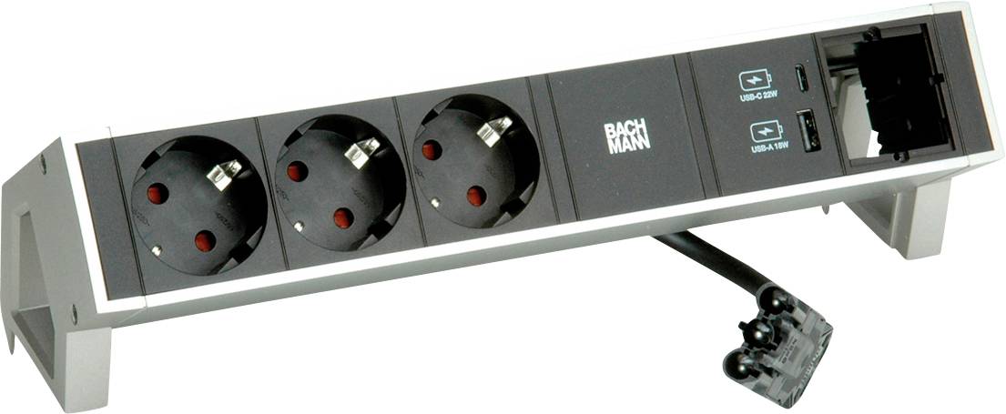 Een stekkerdoos met drie Europese stopcontacten en twee USB-poorten, voorzien van een vast aangesloten stroomkabel, ontworpen voor bureaubladgebruik.