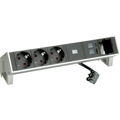 Een stekkerdoos met drie Europese stopcontacten en twee USB-poorten, voorzien van een vast aangesloten stroomkabel, ontworpen voor bureaubladgebruik.