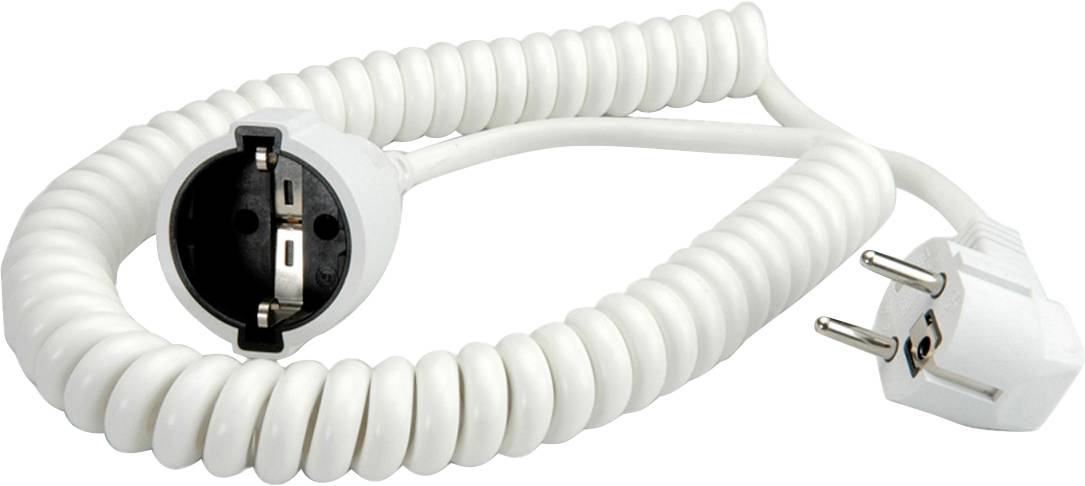 Een zwarte opgerolde stroomkabel met een tweepinsplug en een stopcontact aan tegenovergestelde uiteinden, geschikt voor het aansluiten van elektronische apparaten.
