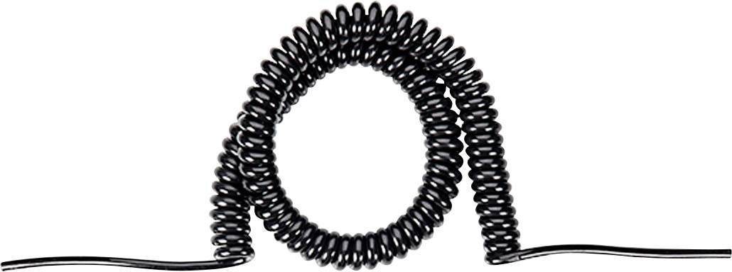 Een opgewonden zwart telefoonsnor, netjes opgerold in een lus, wat een symmetrische boogvorm op een witte achtergrond vormt.