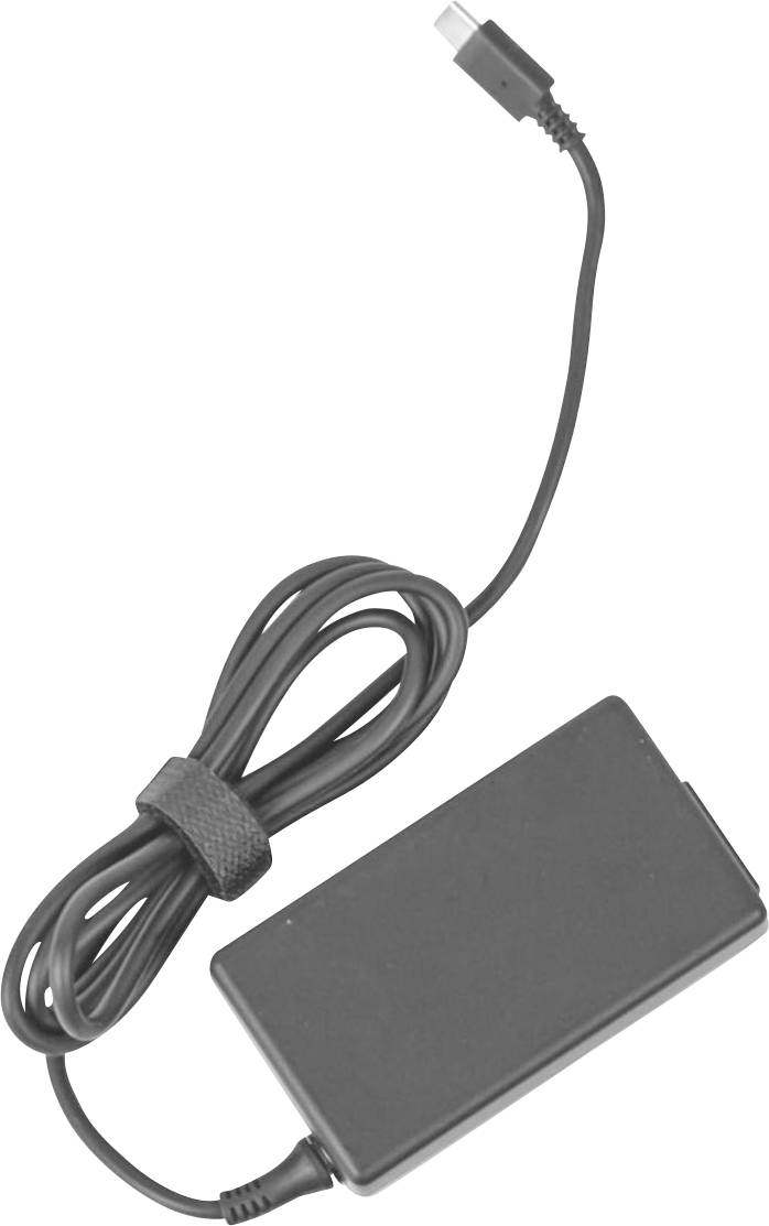 Een zwarte laptopoplader met een bijgevoegde kabel en een USB-C-aansluiting.