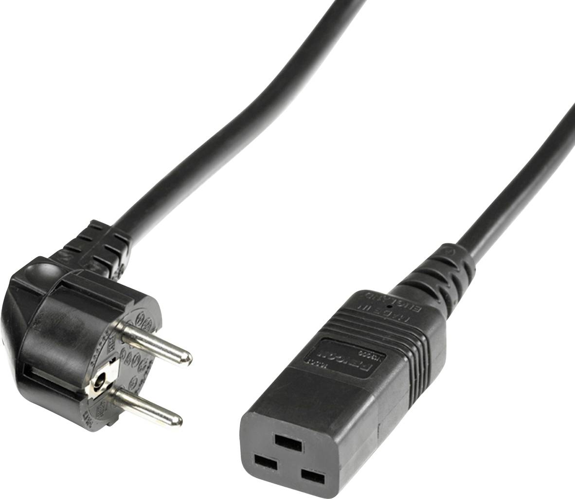 Een zwart Europees netsnoer met een tweepolige stekker en een vrouwelijke aansluitingskant, gebruikt om elektronische apparaten op stopcontacten aan te sluiten.