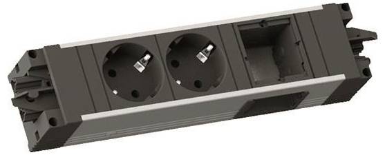 Een modulair elektrisch stekkerdoos met twee Europese-stijl stopcontacten en een lege plaatshouder voor aanvullende modules.