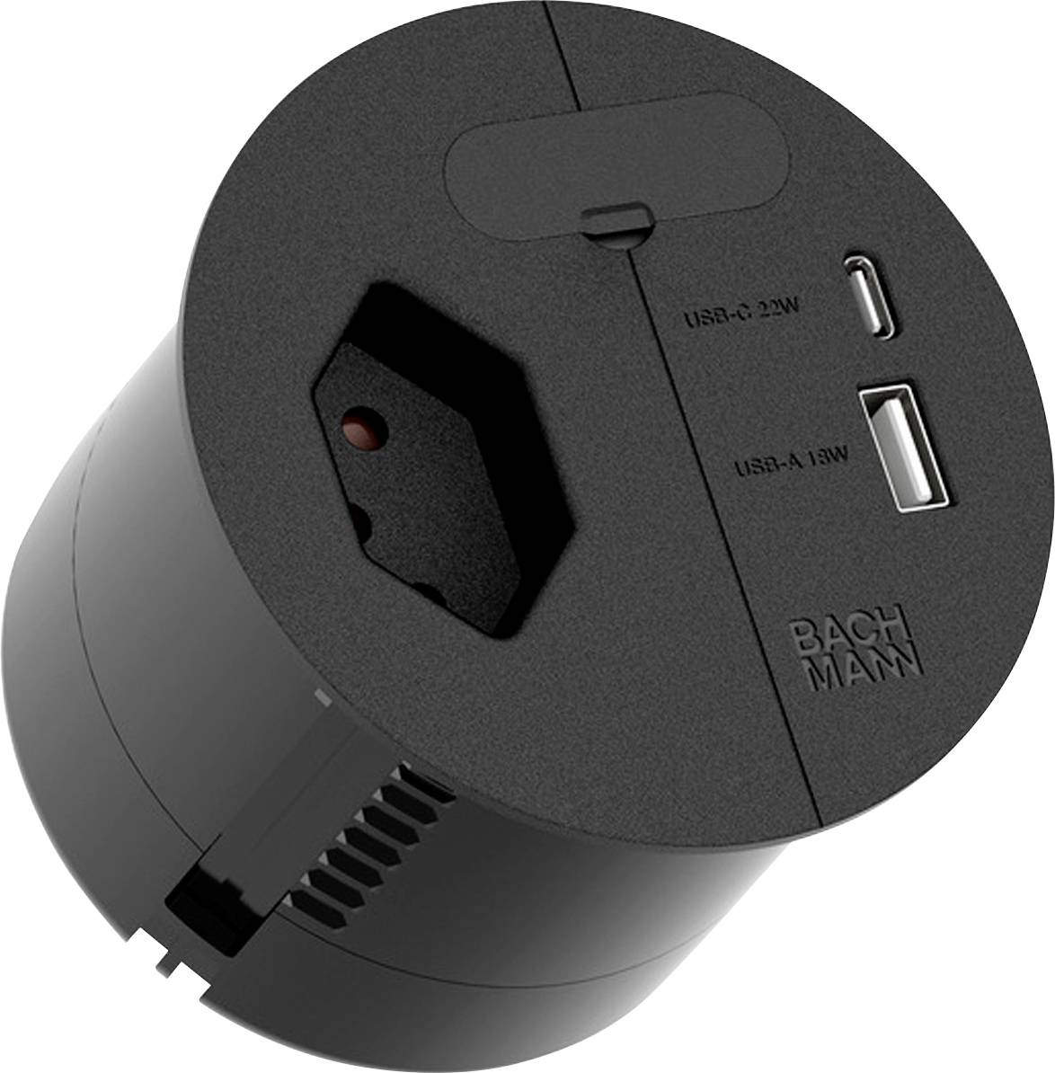 Een ronde zwarte stroomstekker met één stopcontact, een USB-C 22W-poort en een USB-A 18W-poort met het label 'Bachmann'. Het bovenaanzicht toont alle poorten.