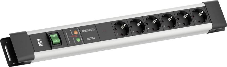 Stroomverdeler met zes stopcontacten, groene aan/uit-schakelaar en overspanningsbeveiligingsindicatoren. Merknaam zichtbaar. Ontworpen voor elektrische apparaten.