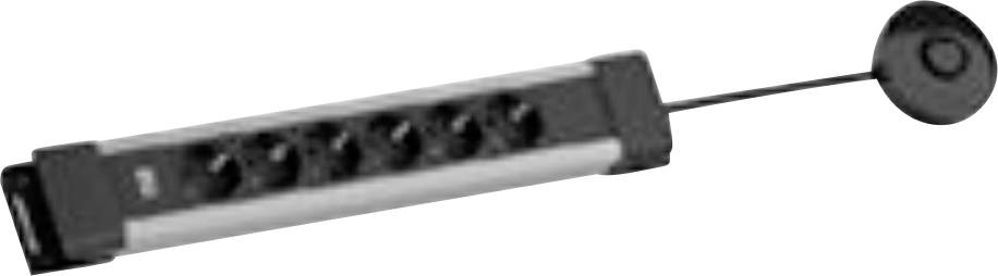 Een zilver en zwart stroomverdeler met vijf stopcontacten en een zwarte stekker, ontworpen voor elektrische apparaten.