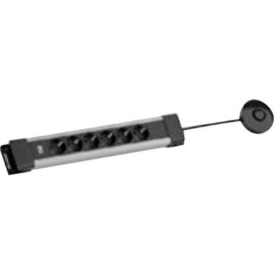Een zilver en zwart stroomverdeler met vijf stopcontacten en een zwarte stekker, ontworpen voor elektrische apparaten.
