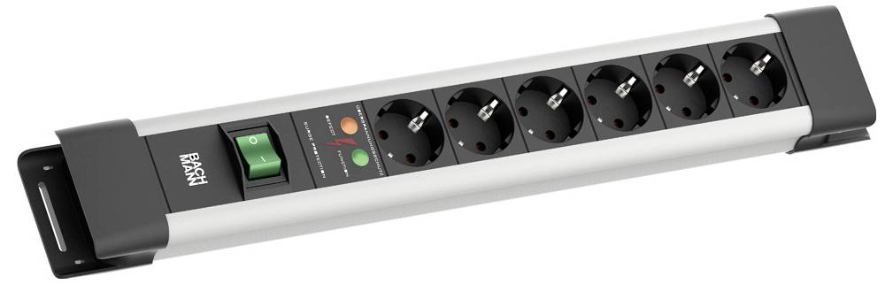 Een stekkerdoos met zes stopcontacten en een hoofdschakelaar voor aan/uit, ontworpen voor het beheren van meerdere elektrische apparaten.