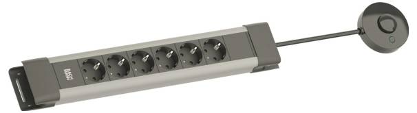 'Bachmann' merkstekkerdoos met zes contactdozen en een aan/uit-schakelaar, met een verlengde kabel.