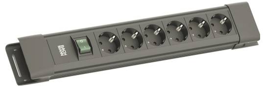 Een zwart stroomverdeelblok met zes Europese stopcontacten, een aan/uit-schakelaar en een stroomindicatorlamp.