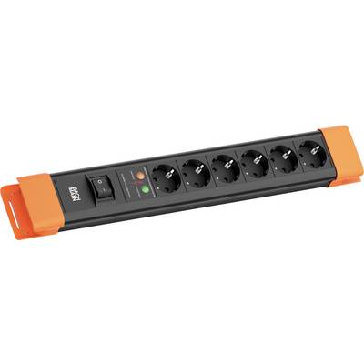 Een zesvoets stroomverdeler met oranje eindkappen en een schakelaar. Het bevat overspanningsbeschermingindicatoren en is geschikt voor het beheren van meerdere elektronische apparaten.