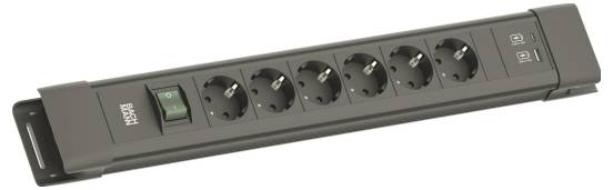 Stekkerdoos met vijf stopcontacten, een groene schakelaar en een aan/uit-indicatielampje. Geschikt voor het beheren van meerdere elektrische apparaten.