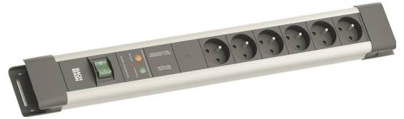 Een stekkerdoos met zes contactdozen, een hoofdschakelaar en indicatorlampen, gebruikt voor het aansluiten van meerdere elektrische apparaten.