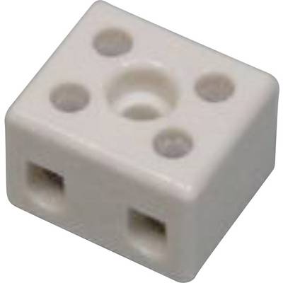Een klein, wit blok met meerdere cirkelvormige inzinkingen en twee rechthoekige gaten aan één zijde, waarschijnlijk een connector- of blokonderdeel.
