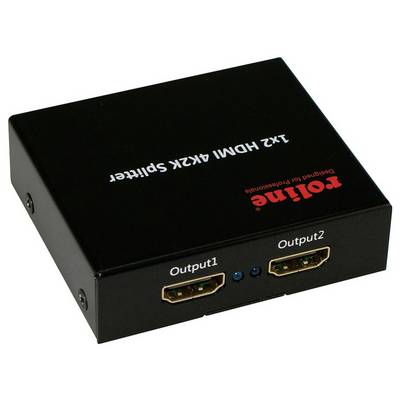 HDMI-splitter met twee uitgangen met het label 'Output1' en 'Output2', ontworpen voor het splitsen van een 4K-signaal naar meerdere beeldschermen.