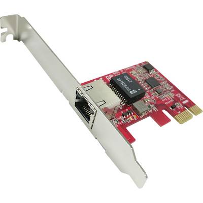 Een rode Ethernet PCIe-netwerkinterfacekaart met een metalen beugel, ontworpen voor uitbreiding van computerconnectiviteit naar bedrade netwerken.
