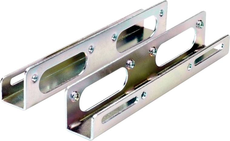 Twee gegalvaniseerde metalen bevestigingsbeugels met verlengde sleuven en schroefgaten, weergegeven op een witte achtergrond.