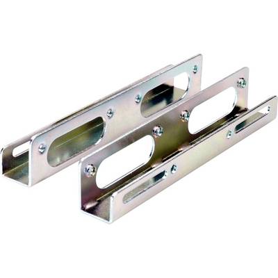 Twee gegalvaniseerde metalen bevestigingsbeugels met verlengde sleuven en schroefgaten, weergegeven op een witte achtergrond.