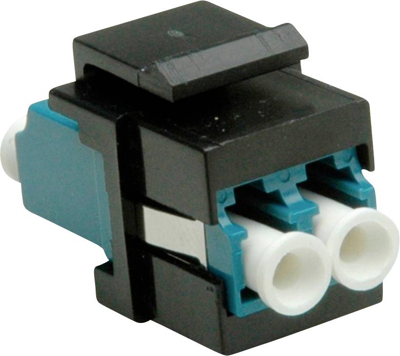 Een zwarte CAT 6A keystonestekker die veel wordt gebruikt voor Ethernet-kabels bij netwerk-installaties. Deze beschikt over een invoerpoort en een vergrendelingsmechanisme.