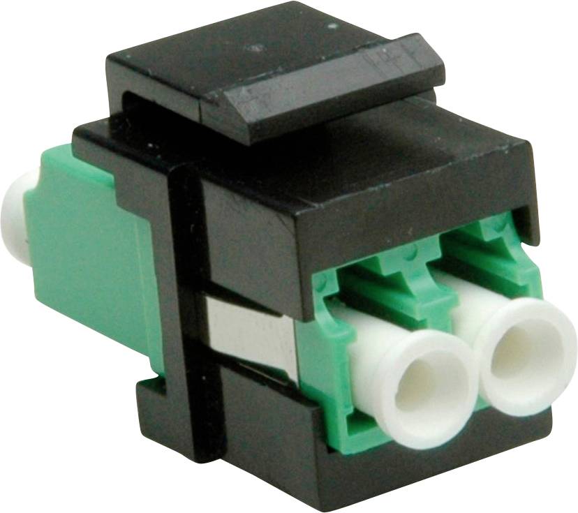 Een zwart en groen duplex glasvezeladapter met twee poorten, gebruikt voor het verbinden van glasvezelkabels.