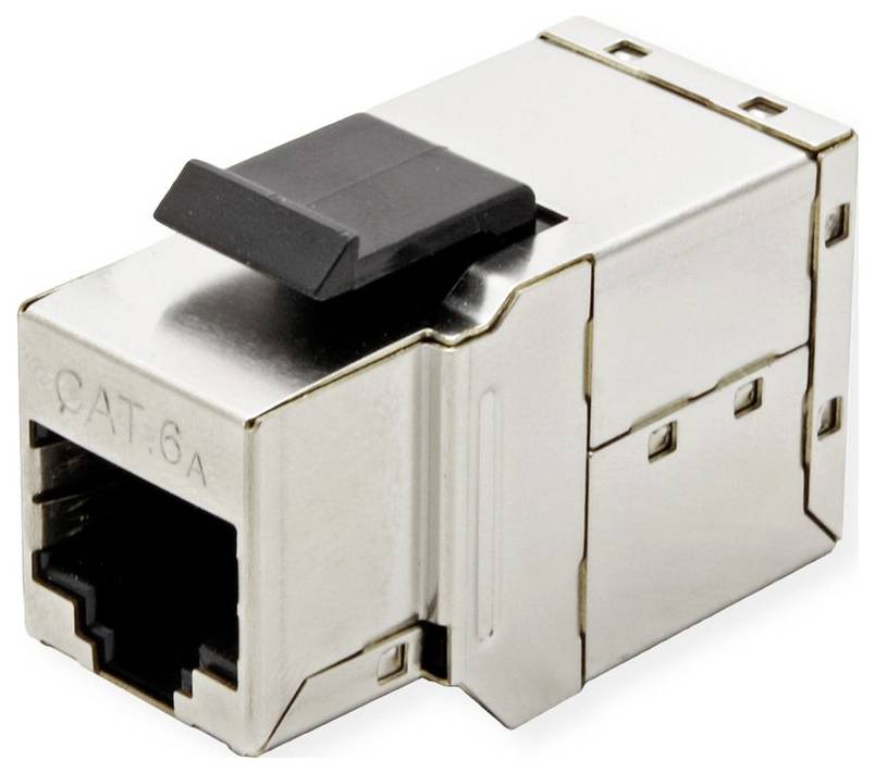 'CAT 6A keystoneconnector, metalen behuizing, zwarte grendel, gebruikt voor het aansluiten van ethernetkabels in netwerkinstallaties.'