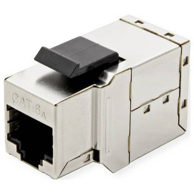 'CAT 6A keystoneconnector, metalen behuizing, zwarte grendel, gebruikt voor het aansluiten van ethernetkabels in netwerkinstallaties.'