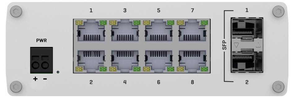 Vooraanzicht van een netwerkschakelaar met stroominvoer aan de linkerkant, acht genummerde Ethernet-poorten in het midden en twee SFP-poorten aan de rechterkant.