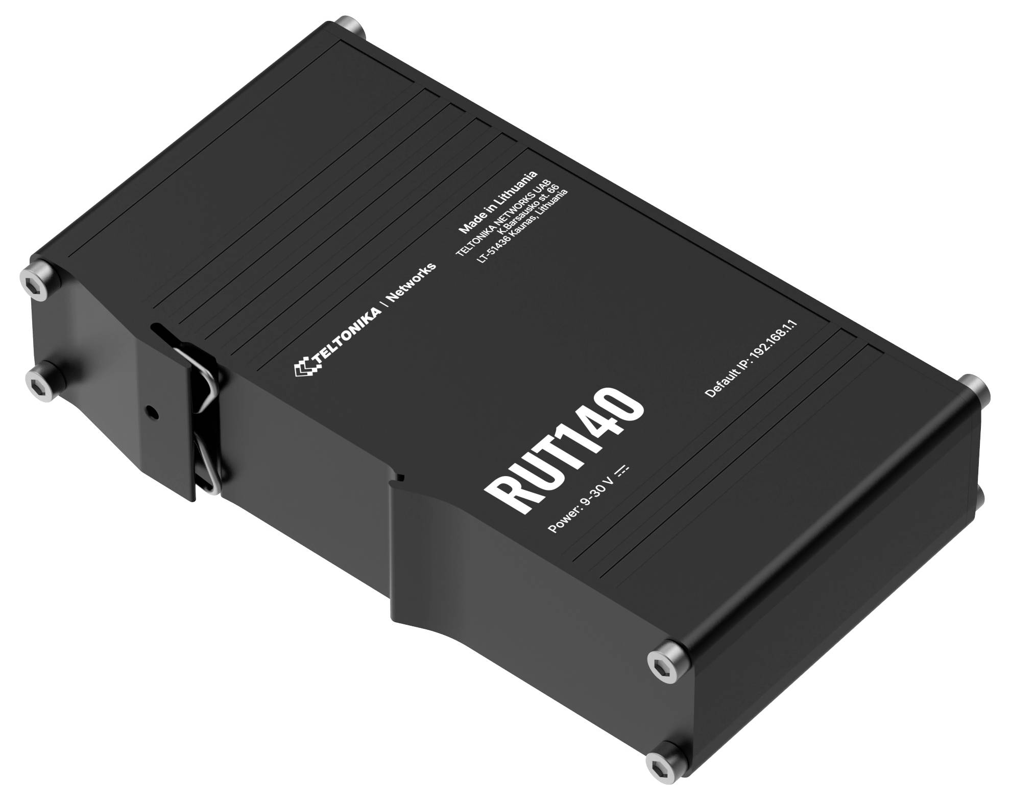 Een zwarte Teltonika Networks RUT140-router, modelnummer en certificeringen zichtbaar op de behuizing, ontworpen voor industriële netwerkoplossingen.