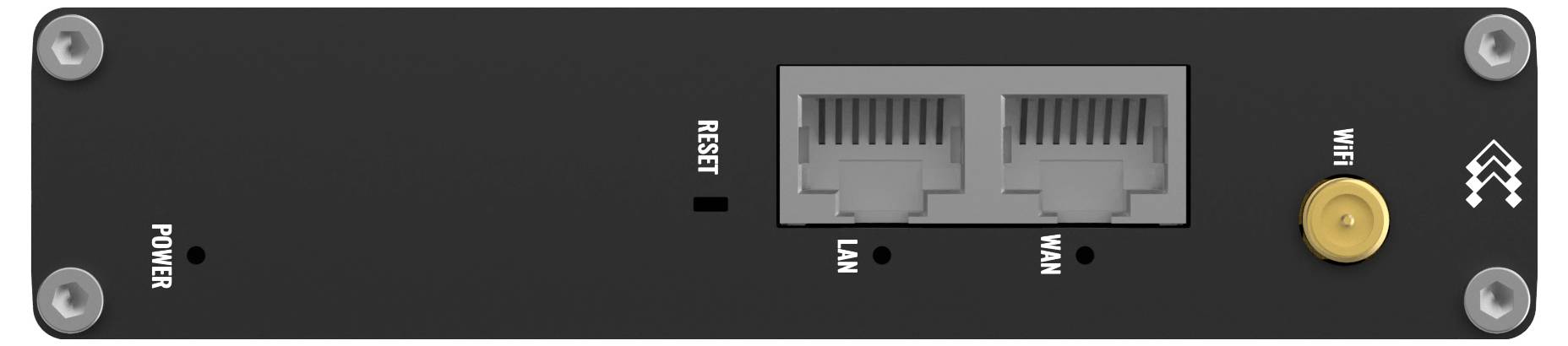 Een zwart apparaatfront paneel met twee Ethernet-poorten gelabeld 'LAN' en 'WAN', een 'RESET'-knop en een Wi-Fi-antenneconnector.